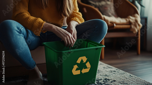 Woman sitting on the floor and throwing away paper for recycling in green bin at home photo