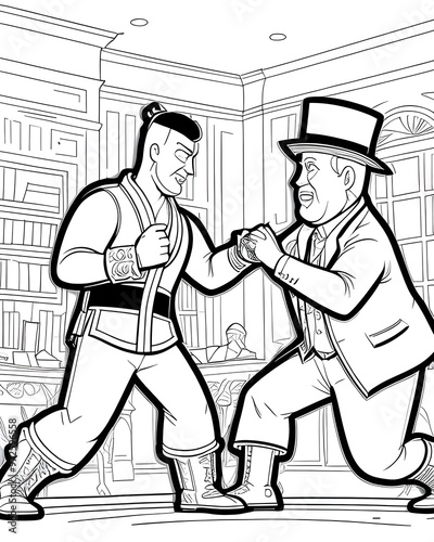 Black and White Cartoon Illustration of Two Men Practicing Martial Arts in the Street