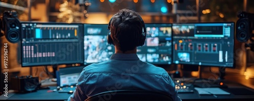 Man Working On Computer  Video Editing  Night Time  Studio