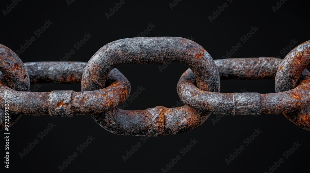 A weathered chain link with rust and a blackened appearance, representing age, endurance, and decay. A weathered chain link with rust and a blackened appearance, representing age, endurance, and decay.