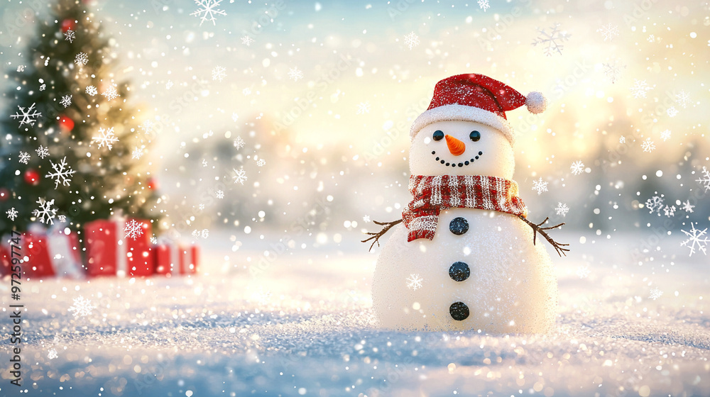 Fototapeta premium A cheerful snowman standing in a snowy winter scene with festive decorations and a holiday vibe