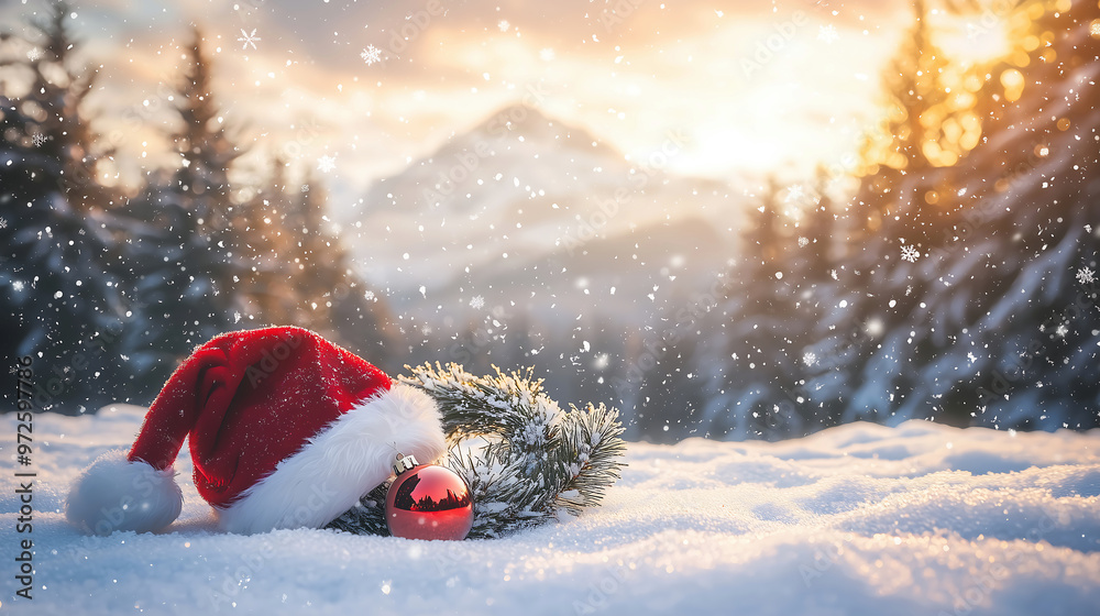 Festive Santa Hat and Ornament in Snowy Winter Landscape Festive Santa Hat and Ornament in Snowy Winter Landscape