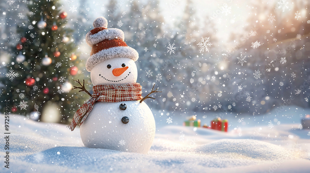 A cheerful snowman standing in a snowy winter scene with festive decorations and a holiday vibe A cheerful snowman standing in a snowy winter scene with festive decorations and a holiday vibe
