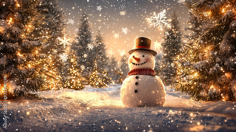 Fototapeta premium A cheerful snowman standing in a snowy winter scene with festive decorations and a holiday vibe