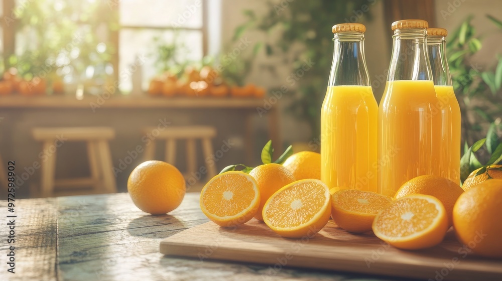 Obraz premium Refreshing Orange Juice with Sliced Oranges on Wooden Cutting Board