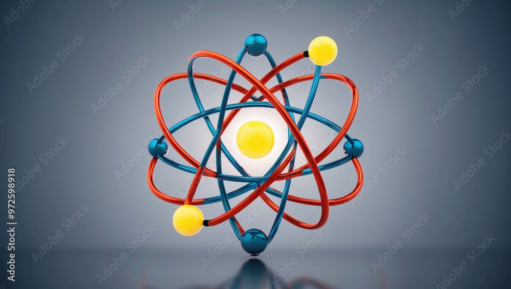 Colorful 3D atom model with blue and red orbits and glowing yellow nucleus Colorful 3D atom model with blue and red orbits and glowing yellow nucleus
