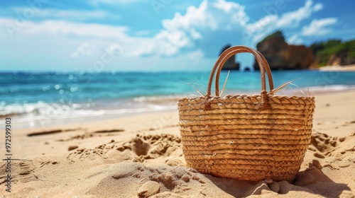 Photo of straw bags on the beach, bright colors, realistic.