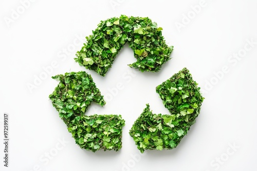 green recycle eco symbol made out of green leaves and branches, white background, recycling