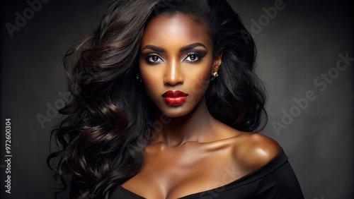 Gorgeous African American woman with stunning features, full lips, and luscious hair, posing confidently in a sleek