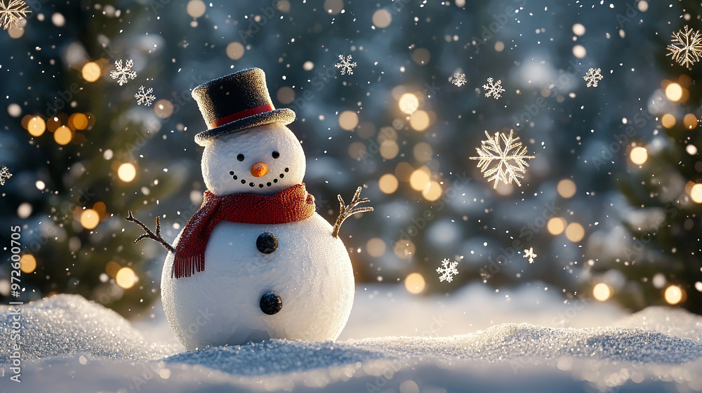 A cheerful snowman standing in a snowy winter scene with festive decorations and a holiday vibe A cheerful snowman standing in a snowy winter scene with festive decorations and a holiday vibe