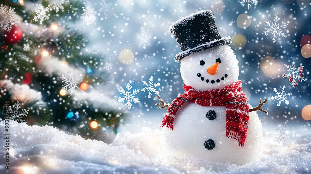 A cheerful snowman standing in a snowy winter scene with festive decorations and a holiday vibe A cheerful snowman standing in a snowy winter scene with festive decorations and a holiday vibe