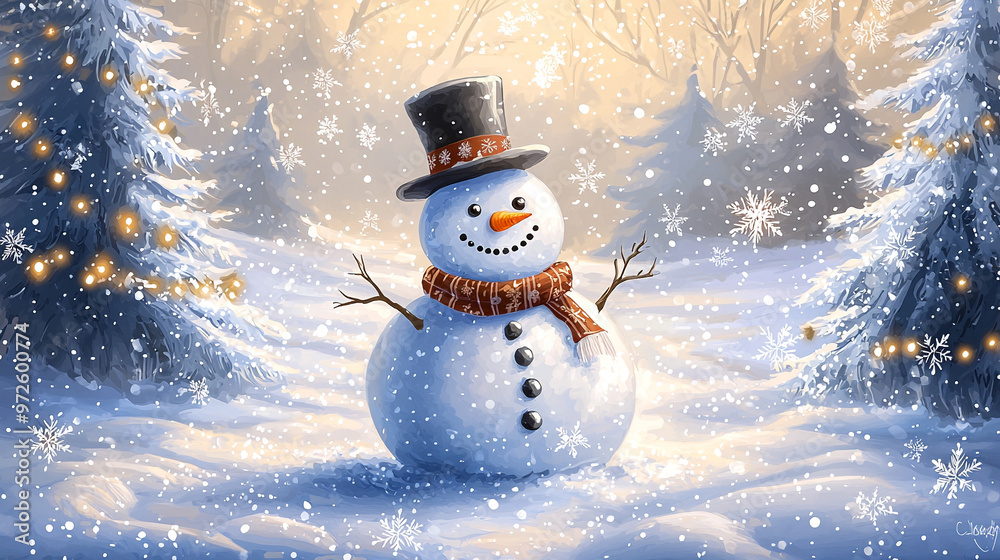A cheerful snowman standing in a snowy winter scene with festive decorations and a holiday vibe A cheerful snowman standing in a snowy winter scene with festive decorations and a holiday vibe