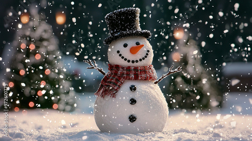 A cheerful snowman standing in a snowy winter scene with festive decorations and a holiday vibe