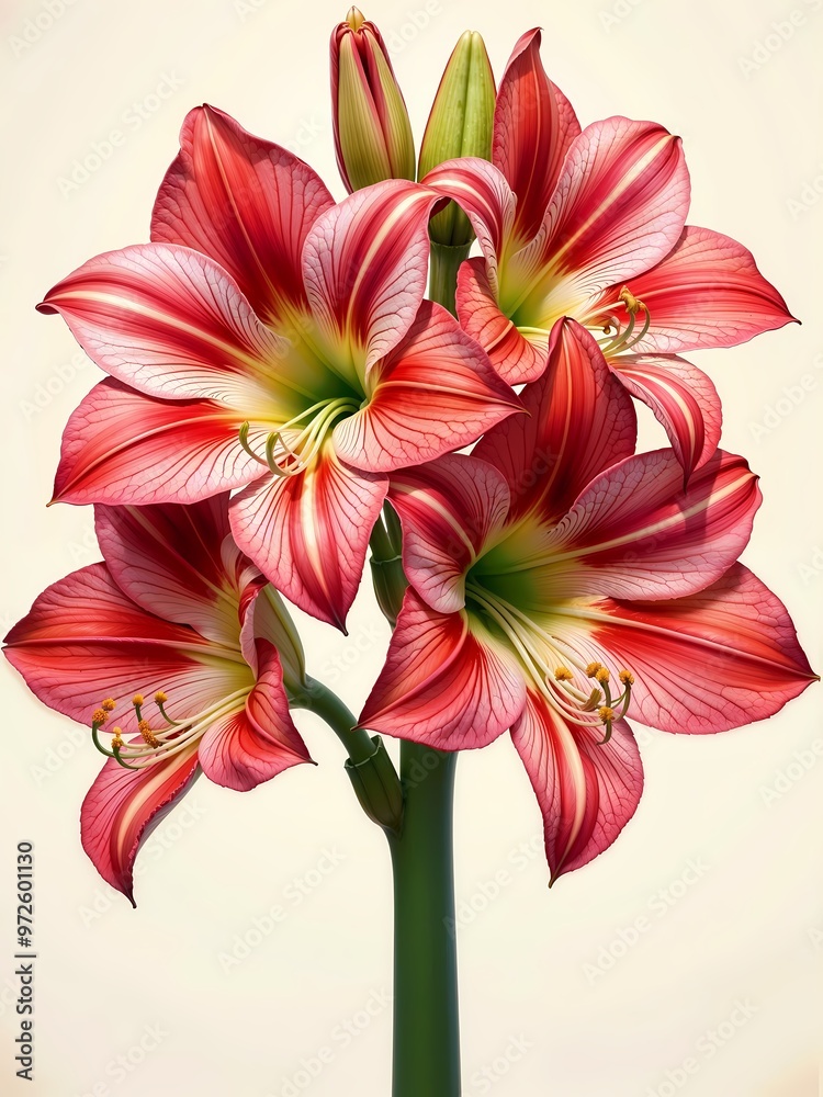Fototapeta premium Red Amaryllis Cluster with Green Stems