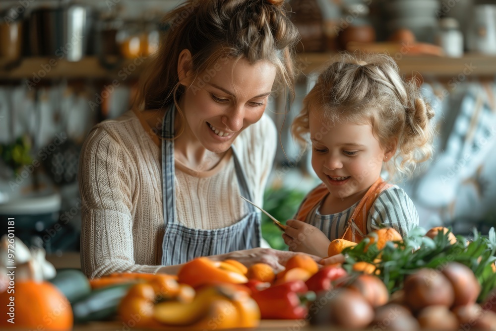 Mother and Daughter Cooking Together in a Cozy Kitchen with Fresh Vegetables