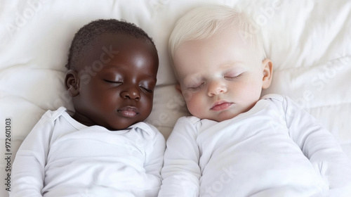 A couple of babies laying next to each other on a bed