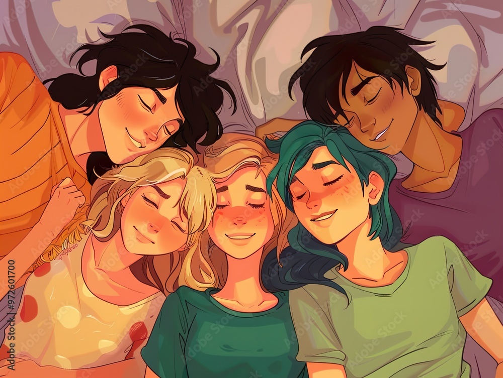 Smiling Friends Sleeping Together - Cute Illustration Smiling Friends Sleeping Together - Cute Illustration