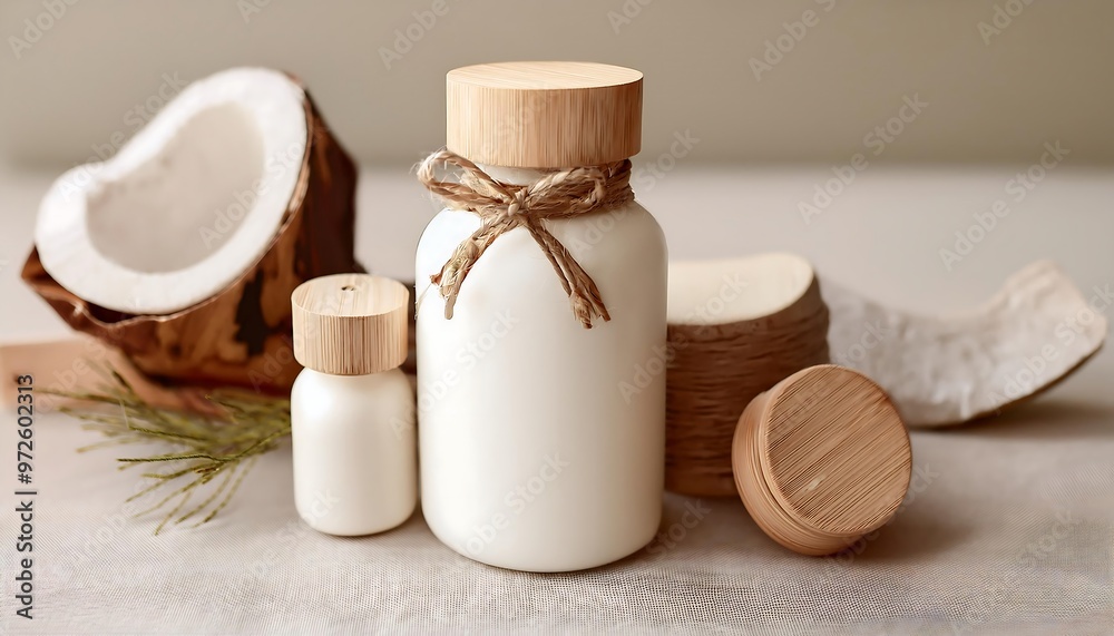 Eco-friendly craft cosmetic bottles mock up with rustic twine and wooden caps, styled in a scene with greenery and copy space. Graphic art illustration. Ai Generated