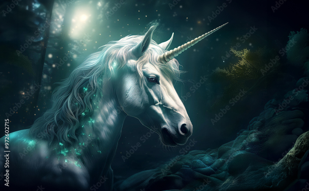 Radiant white unicorn, horse and mythical creature in a dark fairytale forest in the shining light of sun with a soft long mane. A creature and stallion of purity, innocence and freedom in fairy tales