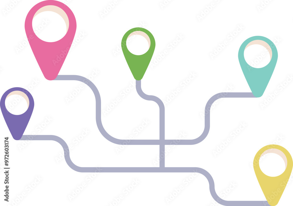 Colorful map pins are connected by a winding route, showing the path to multiple destinations Colorful map pins are connected by a winding route, showing the path to multiple destinations