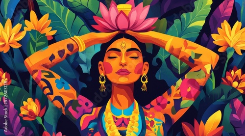 A vibrant celebration of femininity and nature unfolds as a woman adorned with colorful tattoos harmonizes with blooming flowers under the mystical glow of a vivid tropical setting