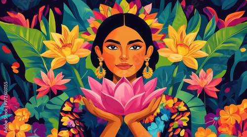 A vibrant woman holds a glowing pink lotus surrounded by colorful tropical flowers in a lush botanical paradise full of life and energy