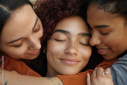 Three women embracing each other with closed eyes, smiling, showcasing friendship, support, and affection. photo