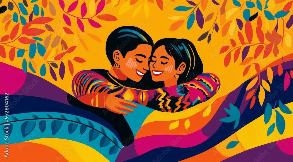 Two friends joyfully embrace each other under a canopy of vibrant autumn leaves, showcasing a celebration of love and friendship in a colorful abstract setting Two friends joyfully embrace each other under a canopy of vibrant autumn leaves, showcasing a celebration of love and friendship in a colorful abstract setting