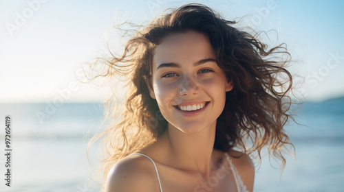 Beautiful, bright young woman at the beach.