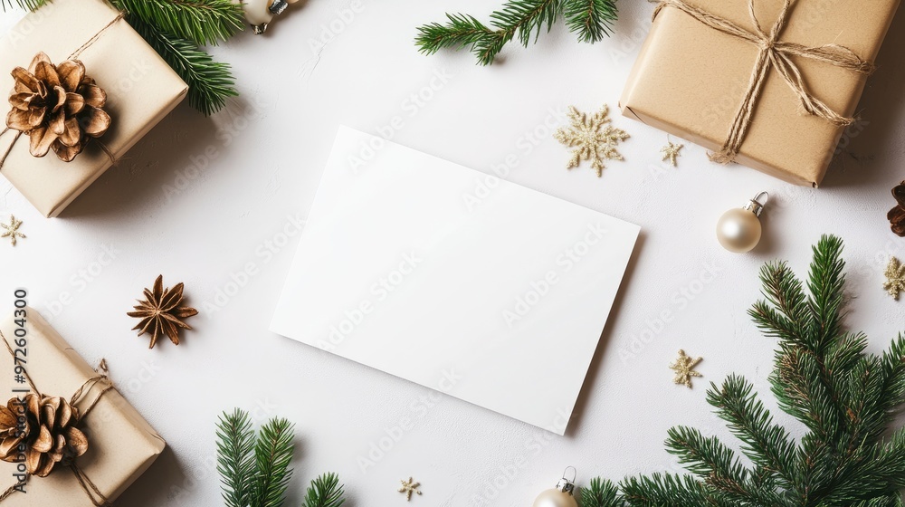 Christmas Gift Wrapping Ideas with Pine Branches, Ornaments & Blank Card on White Background Christmas Gift Wrapping Ideas with Pine Branches, Ornaments & Blank Card on White Background