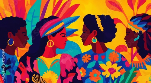 Colorful celebration of sisterhood featuring four diverse women with vibrant floral patterns and bold expressions in a lively, tropical setting