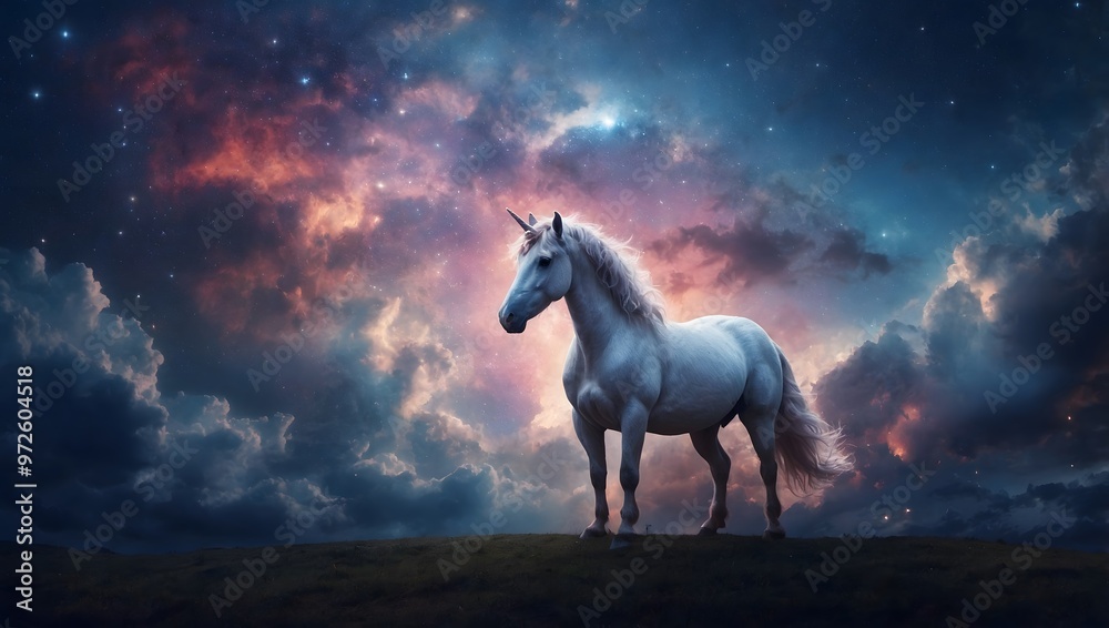 A majestic white unicorn stands proudly against a vibrant cosmic backdrop filled with colorful clouds and stars at night A majestic white unicorn stands proudly against a vibrant cosmic backdrop filled with colorful clouds and stars at night
