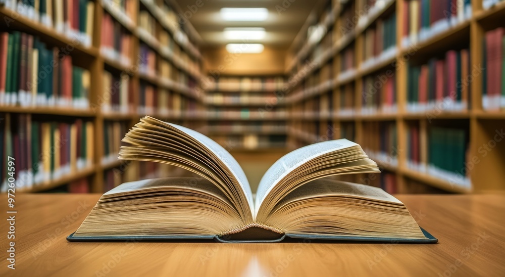 Open book in a library aisle with blurred bookshelves in background Open book in a library aisle with blurred bookshelves in background