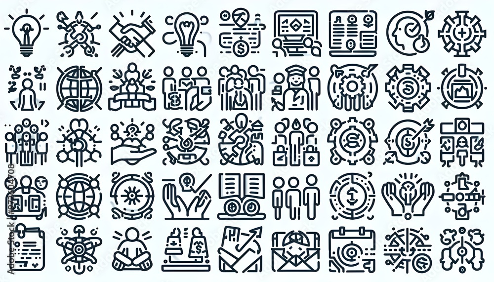 Set of 36 line icons related to society, teamwork, cooperation. Outline icon collection. Editable stroke. Vector illustration Set of 36 line icons related to society, teamwork, cooperation. Outline icon collection. Editable stroke. Vector illustration