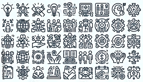 Set of 36 line icons related to society, teamwork, cooperation. Outline icon collection. Editable stroke. Vector illustration