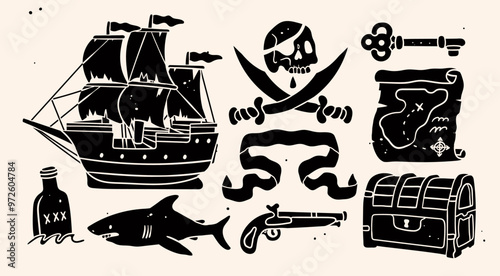 Pirate objects set. Sailing ship, skull with eye patch, treasure chest, map, rum, pistol, ribbon, shark, swords. Hand drawn Vector illustration. Isolated design elements. Sea adventures concept