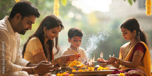 Indian family performing diwali puja ritual at home photo