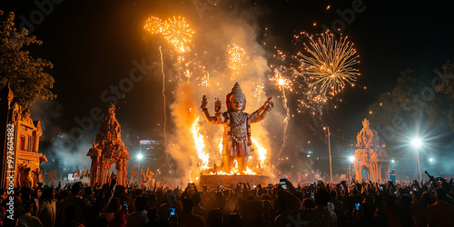 Crowd celebrating dussehra festival burning ravana effigy with fireworks at night photo