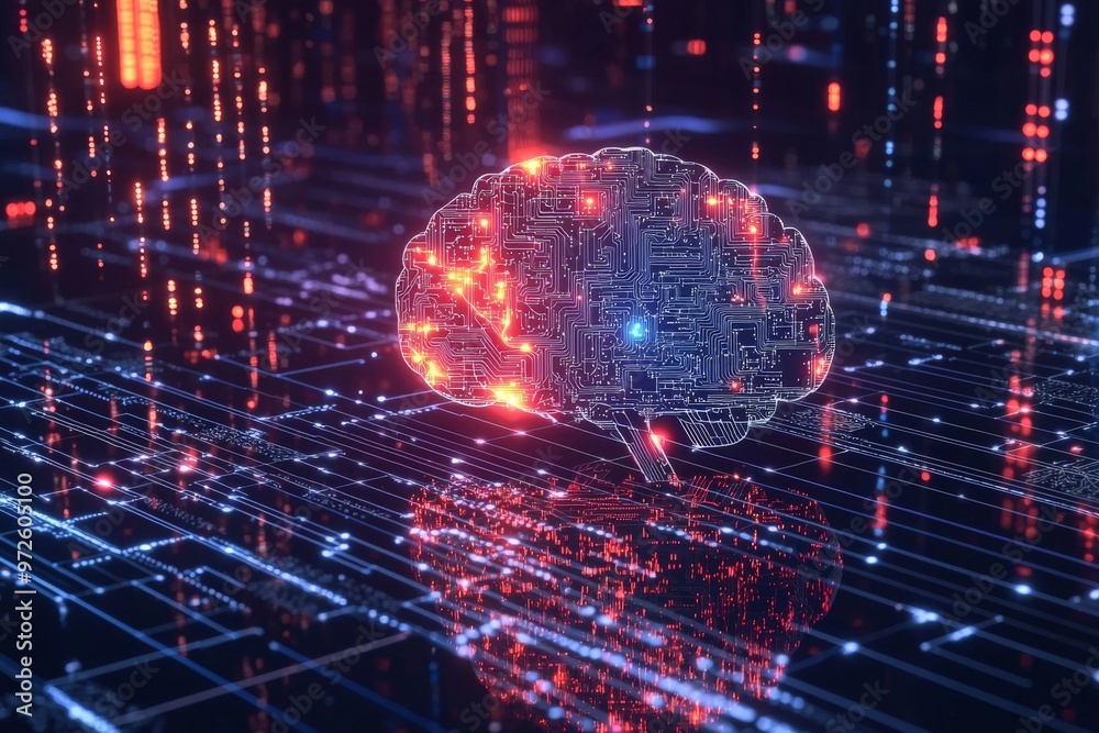 A digital brain representing AI integrated into cybersecurity, with neural networks detecting and neutralizing cyber threats in real-time A digital brain representing AI integrated into cybersecurity, with neural networks detecting and neutralizing cyber threats in real-time