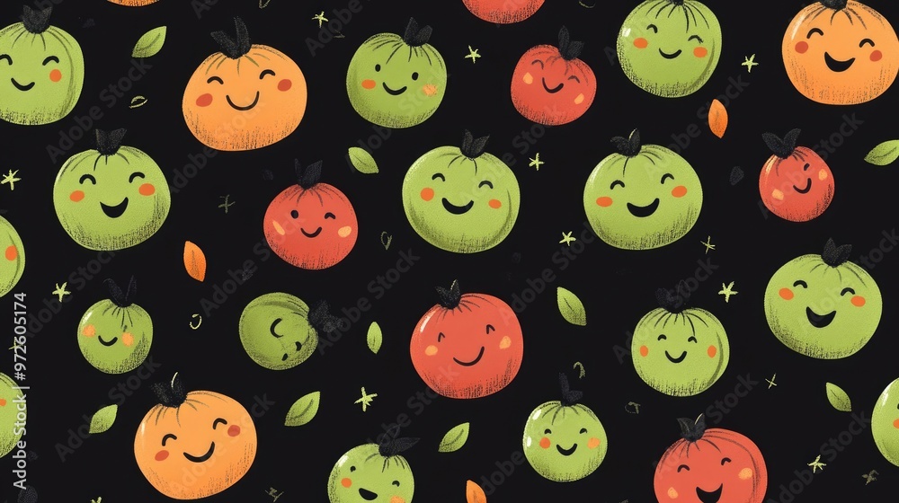 Seamless Design of Cute Green and Orange Cartoon Characters with Happy Expressions on White Background Seamless Design of Cute Green and Orange Cartoon Characters with Happy Expressions on White Background