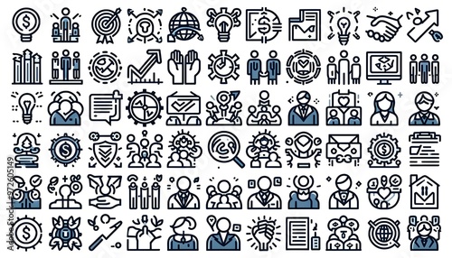 Set of 36 line icons related to society, teamwork, cooperation. Outline icon collection. Editable stroke. Vector illustration