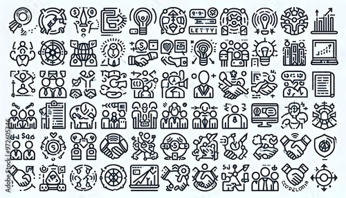 Set of 36 line icons related to society, teamwork, cooperation. Outline icon collection. Editable stroke. Vector illustration