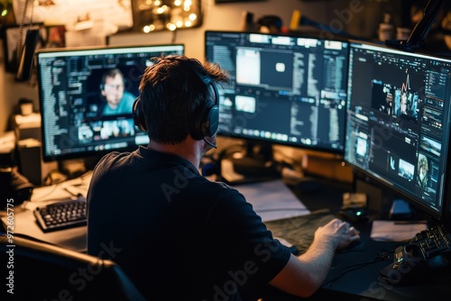 A person working on multiple monitors in a dimly lit room, engaged in video editing or streaming during the evening