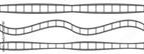 Set of blank curved and wavy film strips. Movie or photo camera tapes isolated on white background. Storyboard layouts. Vintage frames for photographic collage. Vector graphic illustration.