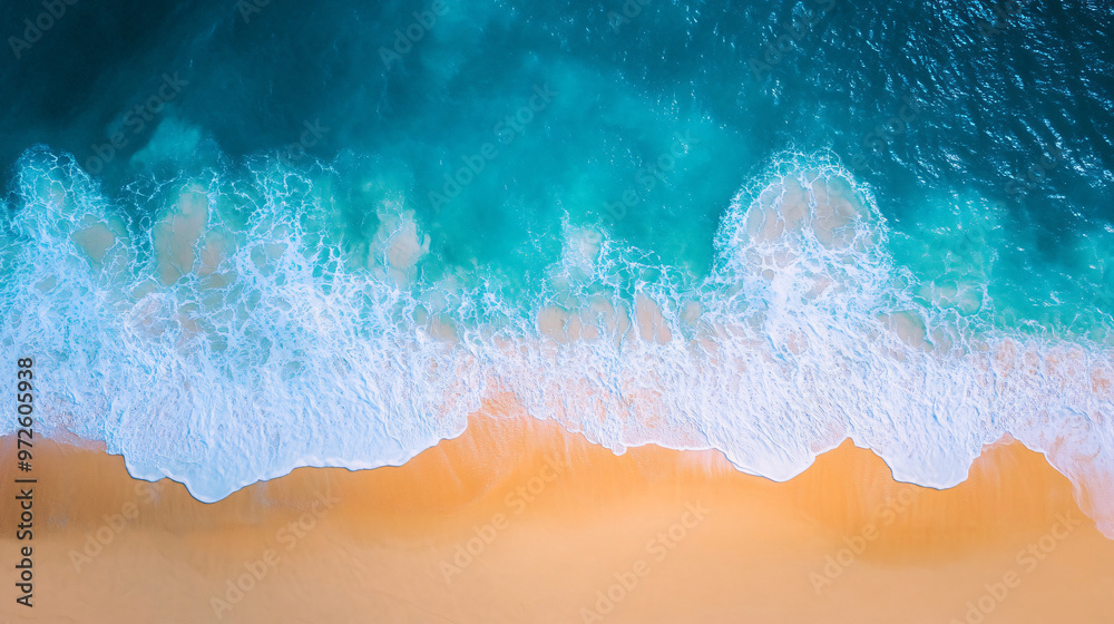 Capturing the tranquil beauty of a turquoise ocean meeting a sandy beach, invoking a sense of calm and adventure, ideal for travel concepts Capturing the tranquil beauty of a turquoise ocean meeting a sandy beach, invoking a sense of calm and adventure, ideal for travel concepts