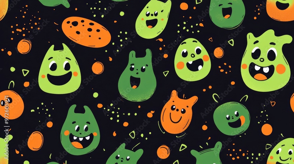 Seamless Design of Cute Green and Orange Cartoon Characters with Happy Expressions on White Background Seamless Design of Cute Green and Orange Cartoon Characters with Happy Expressions on White Background