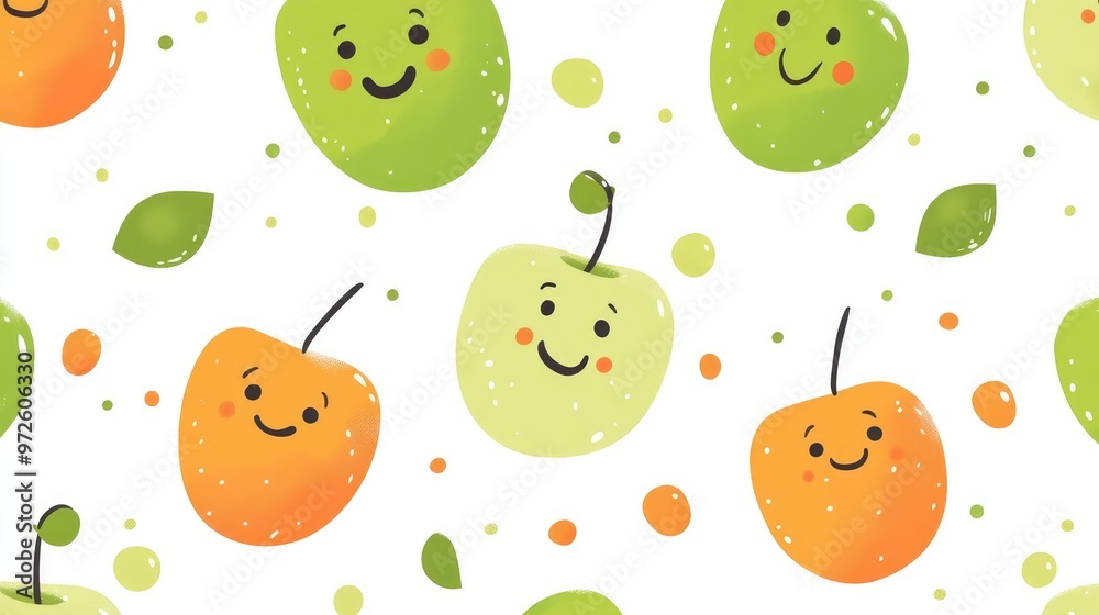 Seamless Design of Cute Green and Orange Cartoon Characters with Happy Expressions on White Background Seamless Design of Cute Green and Orange Cartoon Characters with Happy Expressions on White Background