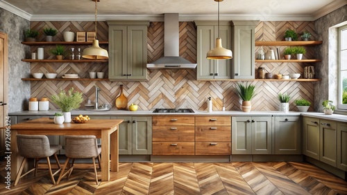 herringbone patterned backsplashes in rustic kitchen photo