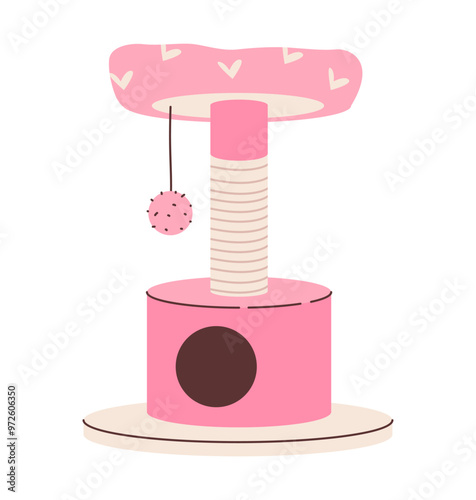 Scratching post, bed and house for cats. Accessories for pet sleep and play. Flat vector illustration