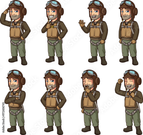 World War 2 fighter pilot character. Vector cartoon illustrations bundle with each image on a separate layer.